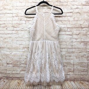 Francescas Womens Dress Size M Spaghetti Strap Lace Overlay Fringe Beige White